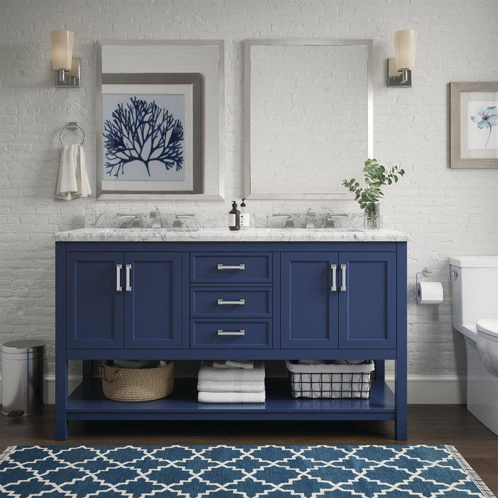 Affinity 61" Double Sink Vanity with White & Gray Carrara Marble Top - Design Element Bath Kitchen - Bathroom Vanity - Blue