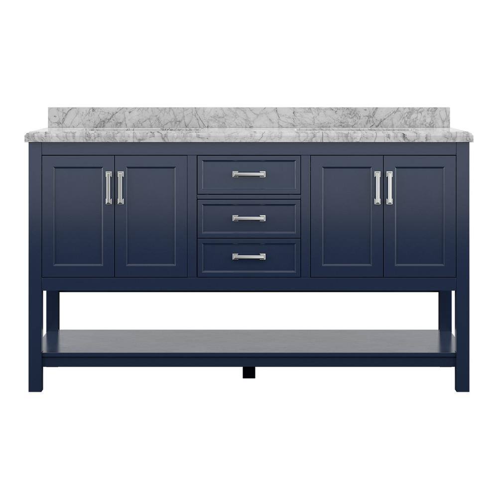Affinity 61" Double Sink Vanity with White & Gray Carrara Marble Top - Design Element Bath Kitchen - Bathroom Vanity - White