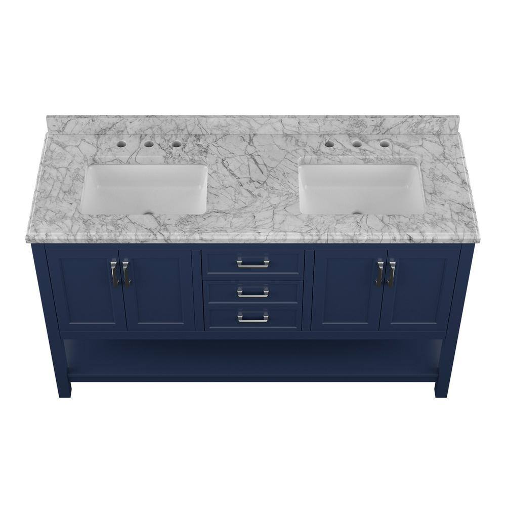 Affinity 61" Double Sink Vanity with White & Gray Carrara Marble Top - Design Element Bath Kitchen - Bathroom Vanity - White