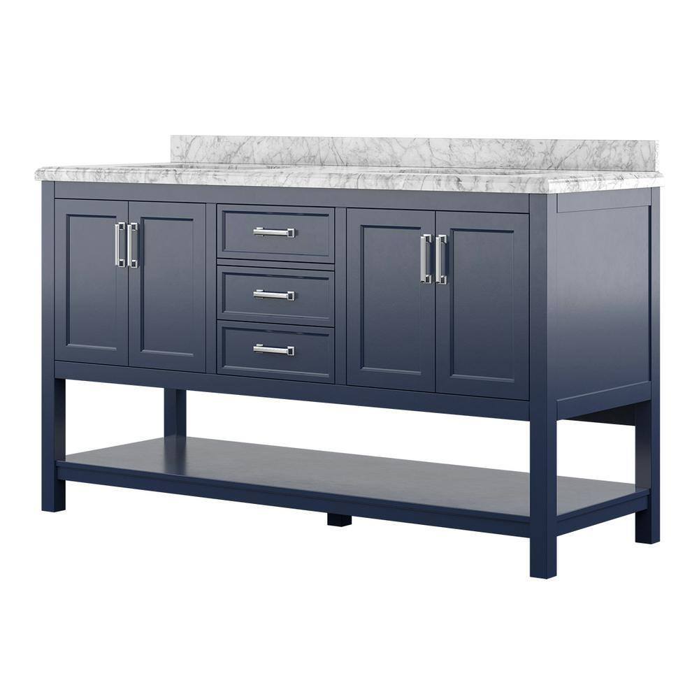 Affinity 61" Double Sink Vanity with White & Gray Carrara Marble Top - Design Element Bath Kitchen - Bathroom Vanity - White