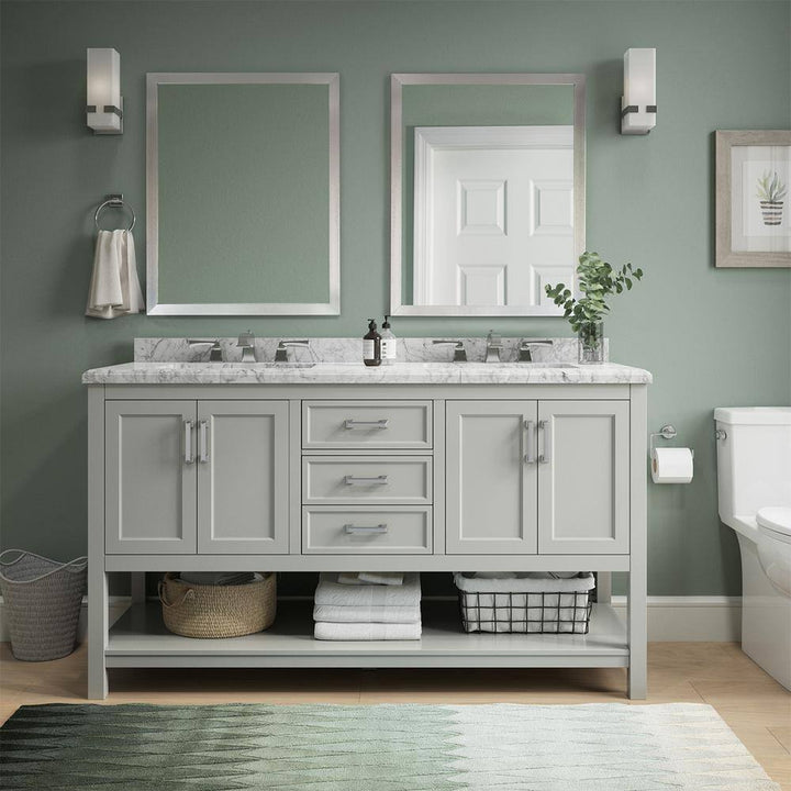 Affinity 61" Double Sink Vanity with White & Gray Carrara Marble Top - Design Element Bath Kitchen - Bathroom Vanity - Gray