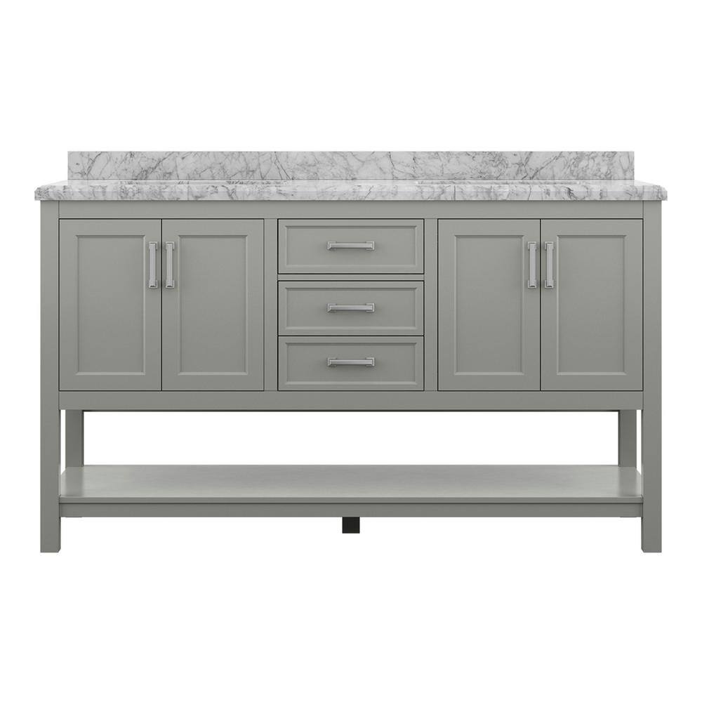 Affinity 61" Double Sink Vanity with White & Gray Carrara Marble Top - Design Element Bath Kitchen - Bathroom Vanity - White