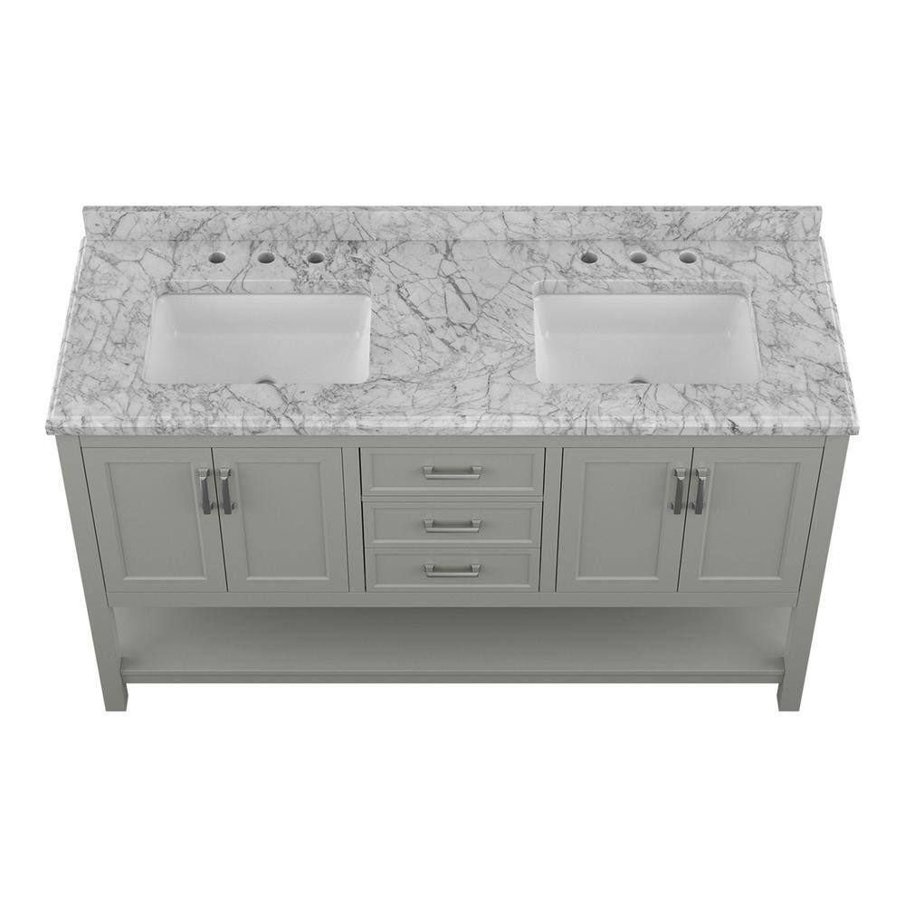 Affinity 61" Double Sink Vanity with White & Gray Carrara Marble Top - Design Element Bath Kitchen - Bathroom Vanity - White
