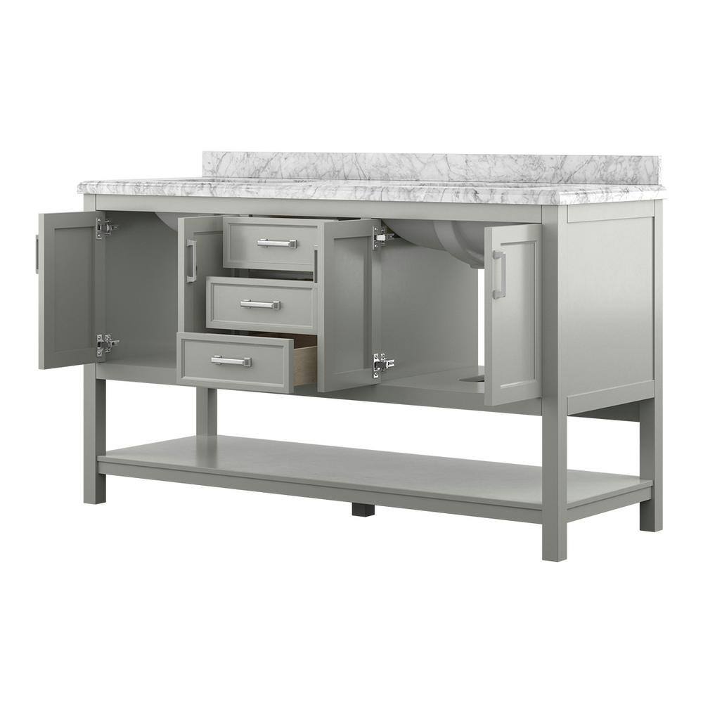 Affinity 61" Double Sink Vanity with White & Gray Carrara Marble Top - Design Element Bath Kitchen - Bathroom Vanity - White