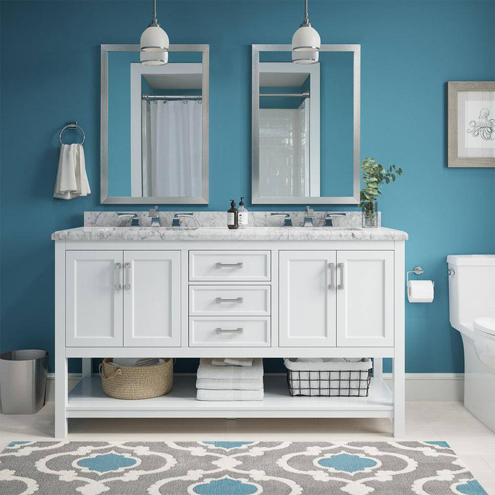 Affinity 61" Double Sink Vanity with White & Gray Carrara Marble Top - Design Element Bath Kitchen - Bathroom Vanity - White