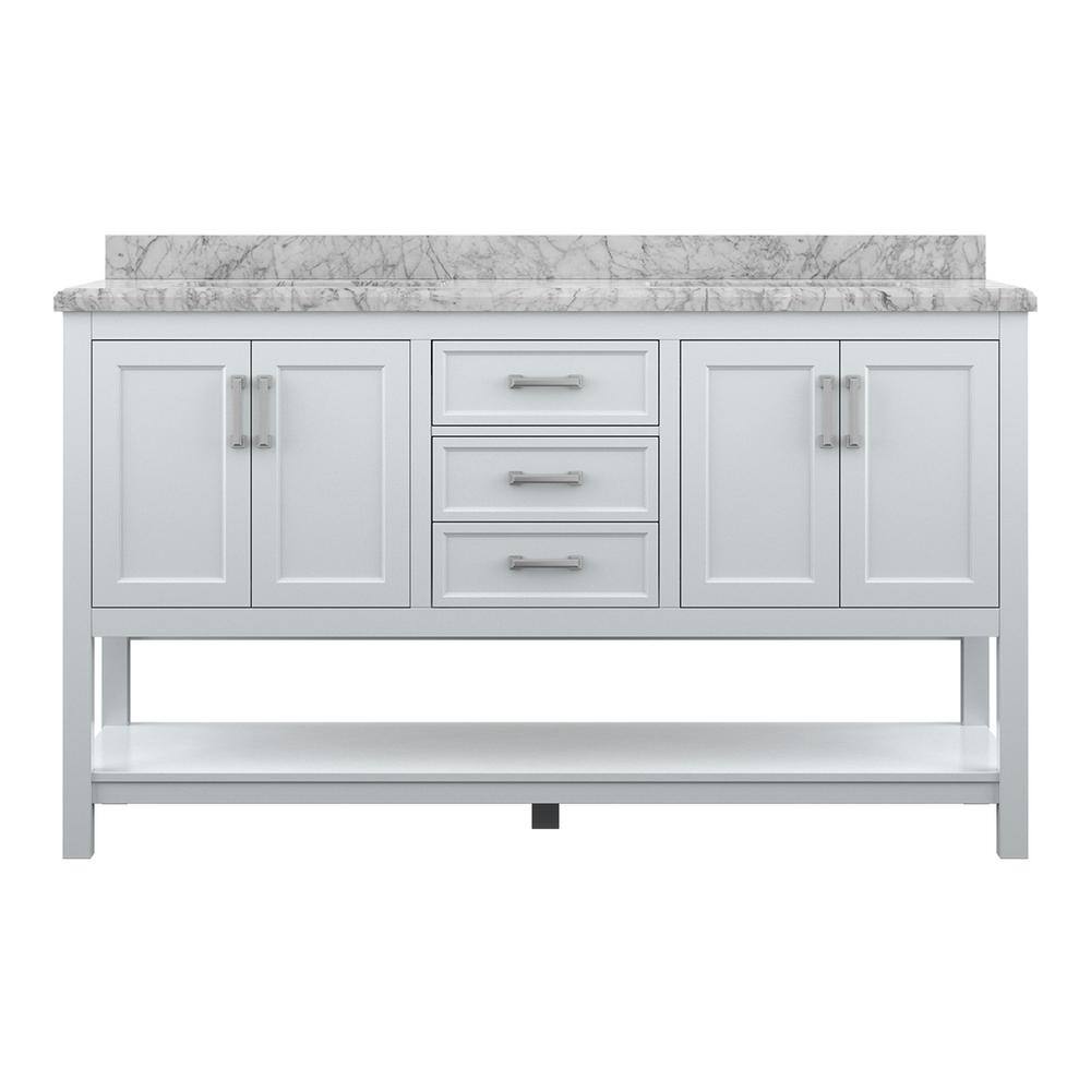 Affinity 61" Double Sink Vanity with White & Gray Carrara Marble Top - Design Element Bath Kitchen - Bathroom Vanity - White