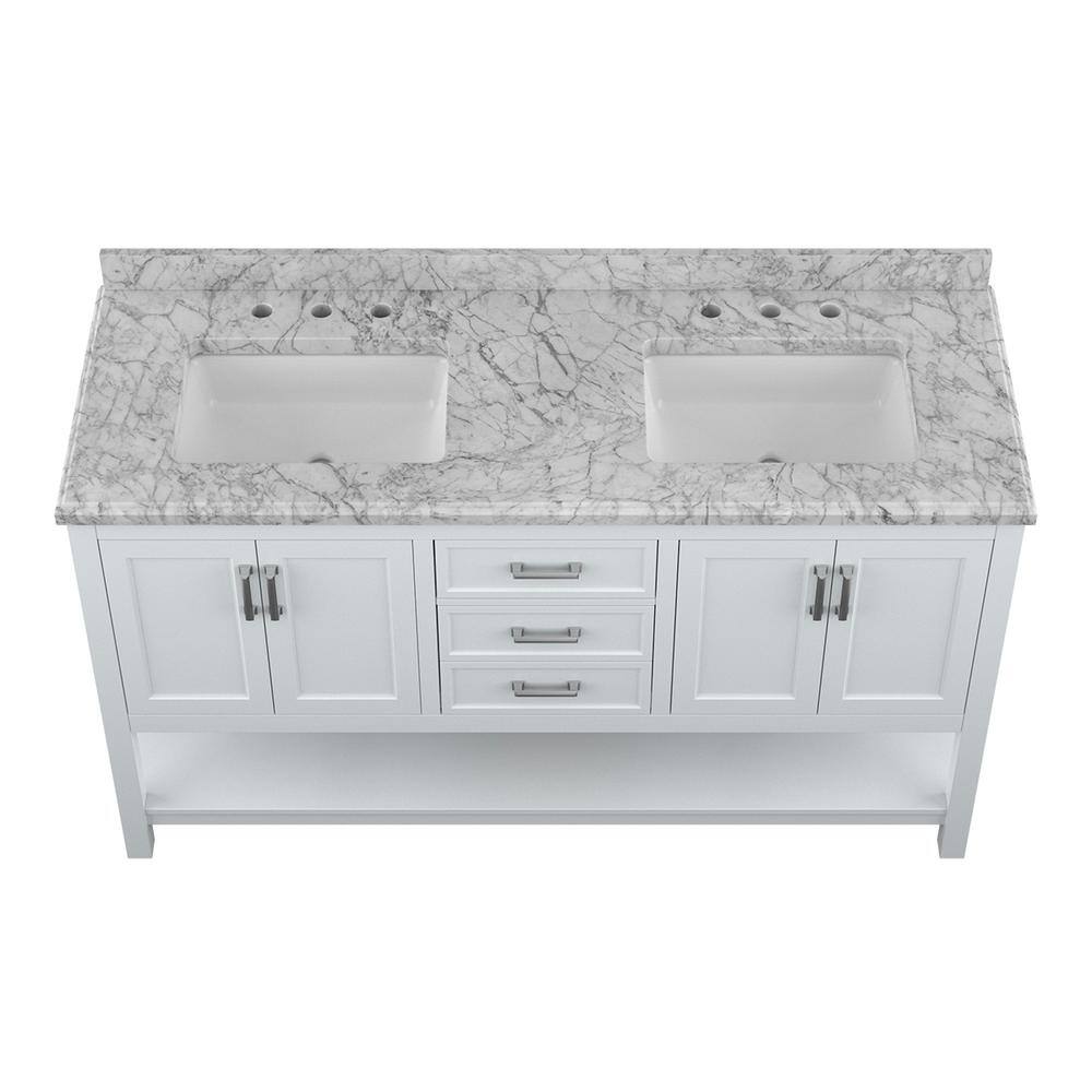 Affinity 61" Double Sink Vanity with White & Gray Carrara Marble Top - Design Element Bath Kitchen - Bathroom Vanity - White