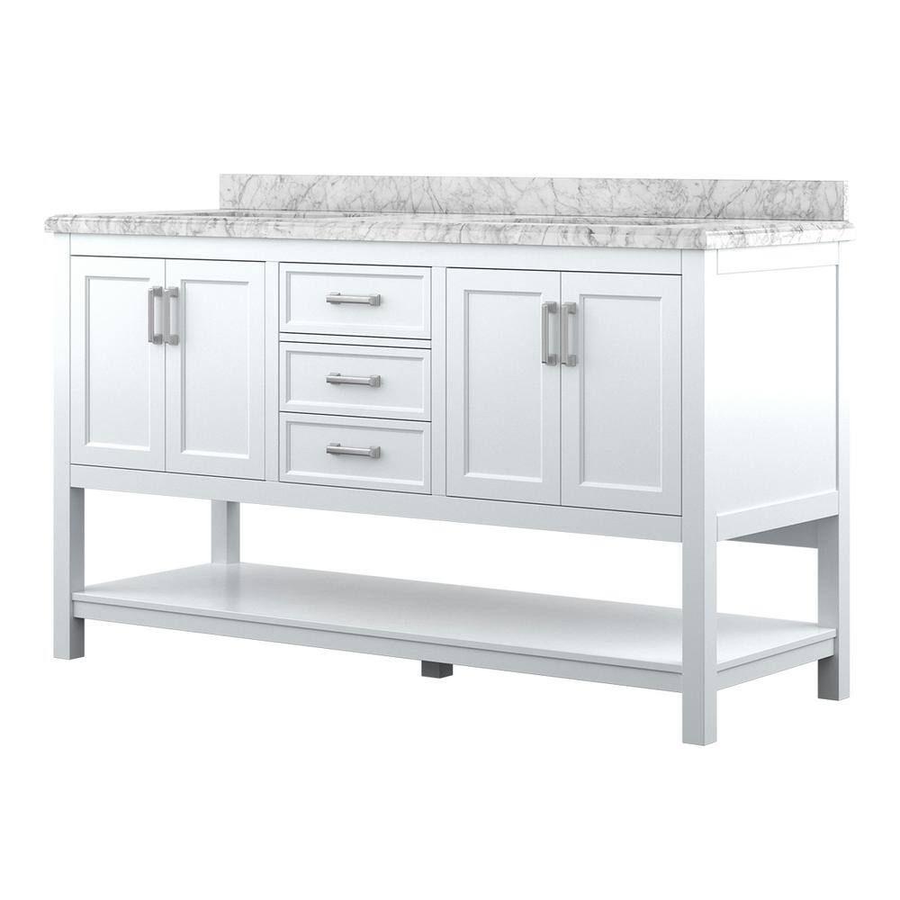 Affinity 61" Double Sink Vanity with White & Gray Carrara Marble Top - Design Element Bath Kitchen - Bathroom Vanity - White