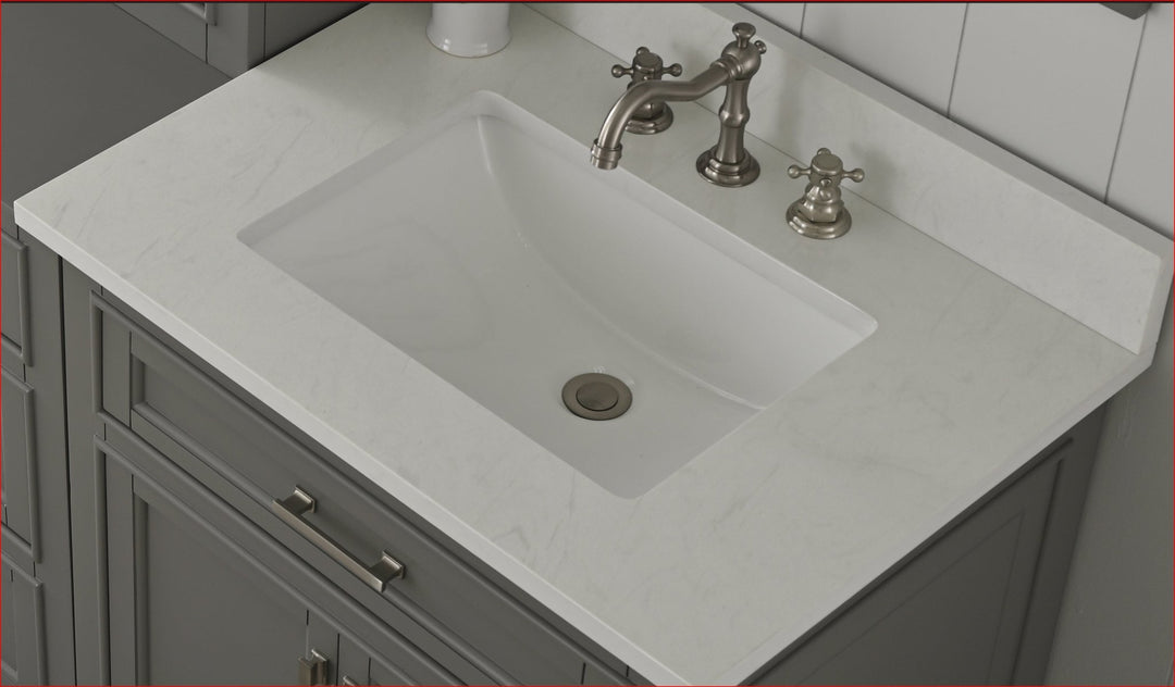 Milano 30" Single Sink Vanity with White Quartz Top - Design Element Bath Kitchen - Bathroom Vanity - Navy with Satin Gold Hardware