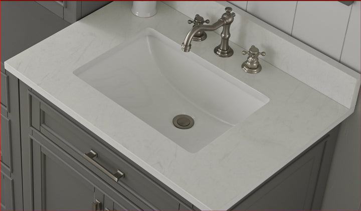 Milano 30" Single Sink Vanity with White Quartz Top - Design Element Bath Kitchen - Bathroom Vanity - Navy with Satin Gold Hardware