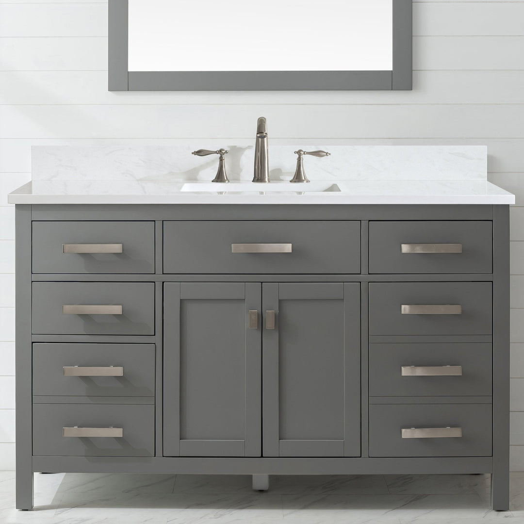 Valentino 54" Single Sink Vanity with White Quartz Top - Design Element Bath Kitchen - Bathroom Vanity - Gray with Silver Satin Hardware