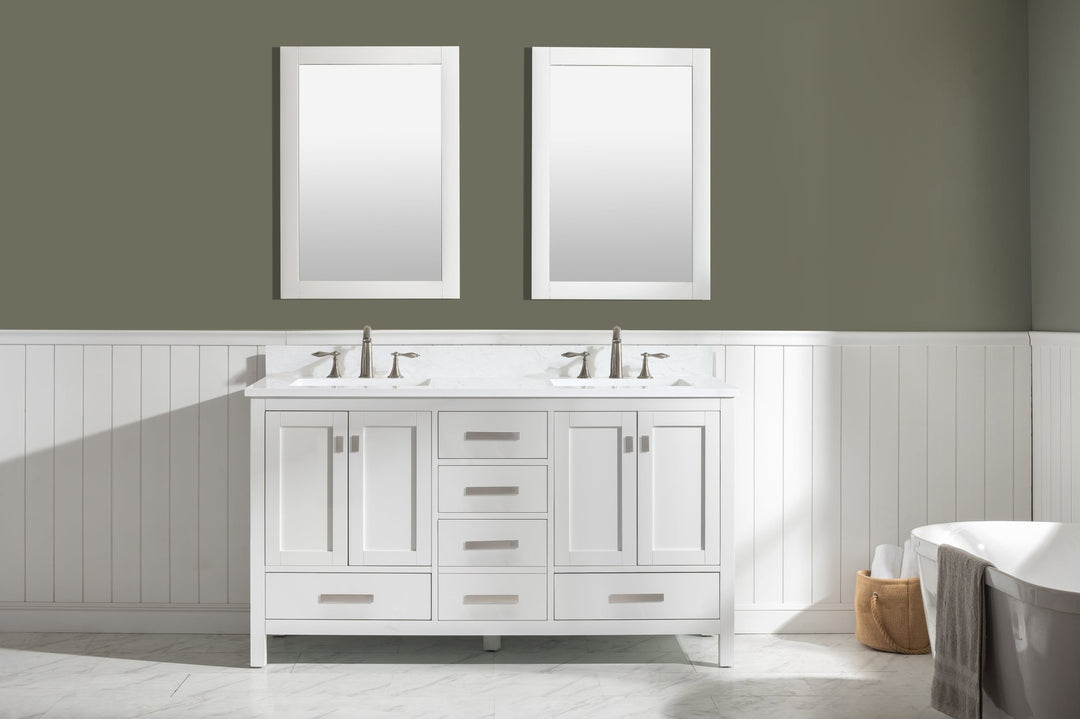 Valentino 60" Double Sink Vanity with White Quartz Top - Design Element Bath Kitchen - Bathroom Vanity - Navy with Satin Gold Hardware