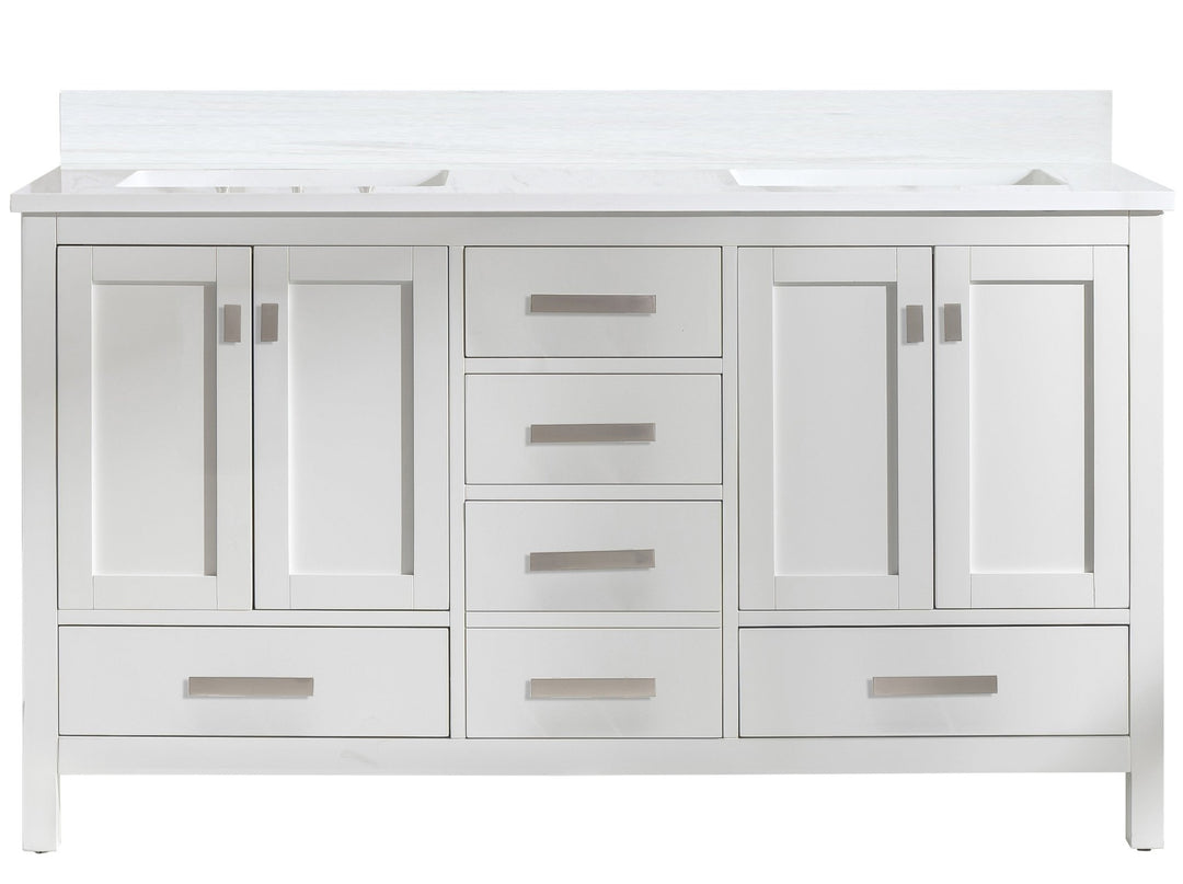 Valentino 60" Double Sink Vanity with White Quartz Top - Design Element Bath Kitchen - Bathroom Vanity - Navy with Satin Gold Hardware