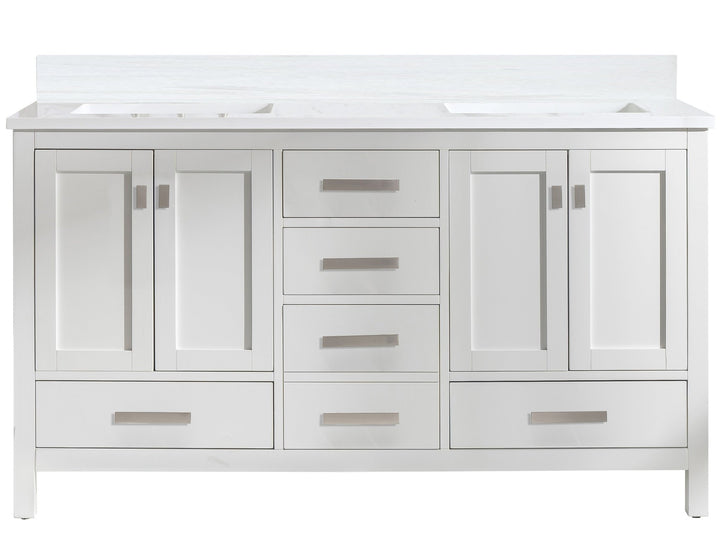Valentino 60" Double Sink Vanity with White Quartz Top - Design Element Bath Kitchen - Bathroom Vanity - Navy with Satin Gold Hardware