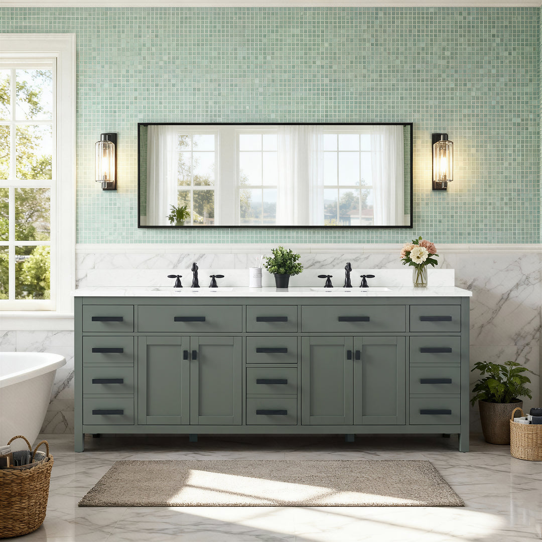 Valentino 84" Double Sink Vanity with White Quartz Top - Design Element Bath Kitchen - Bathroom Vanity - Verdant Green with Matte Black Hardware