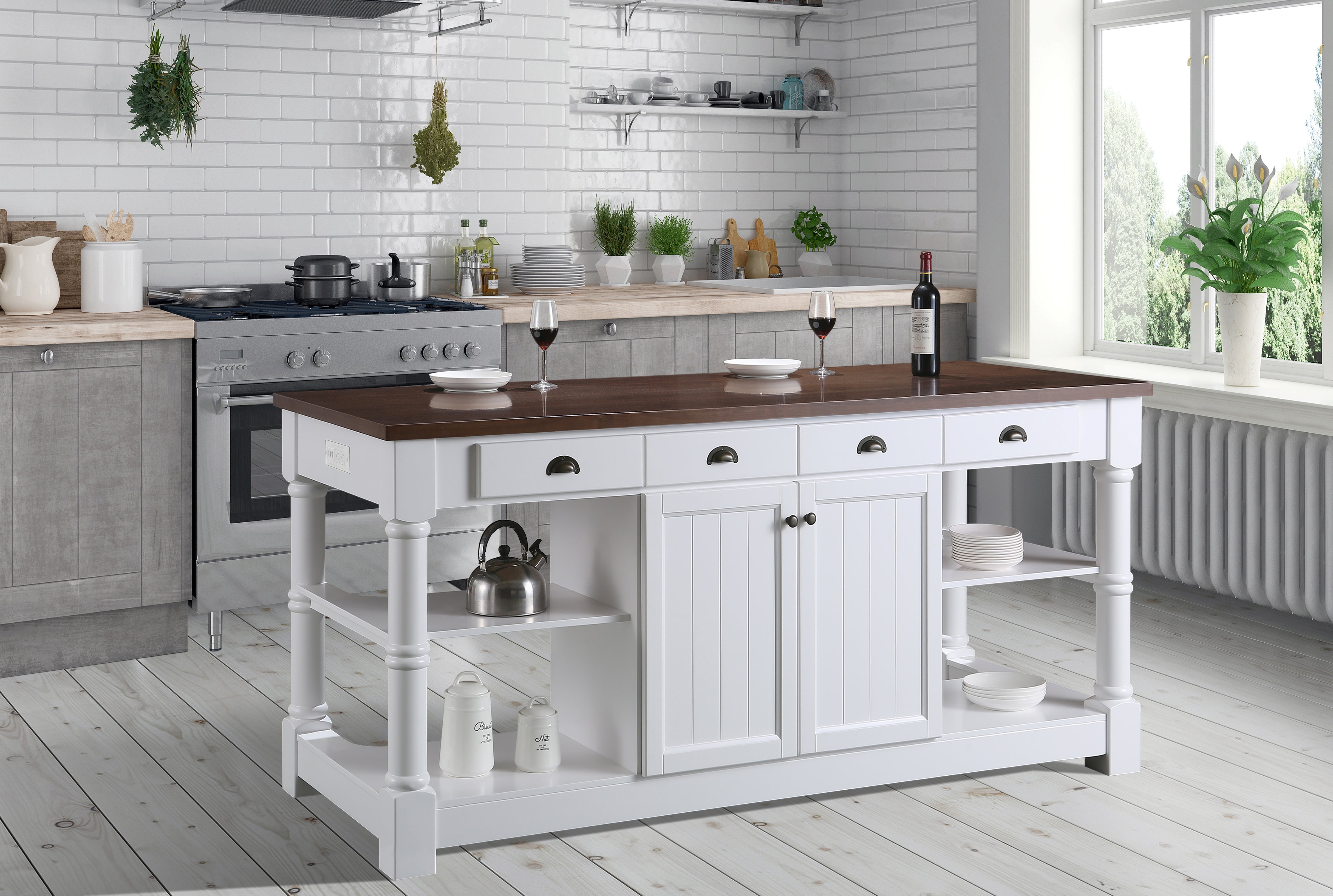 Monterey 80 In. Kitchen Island in White Cabinet Finish and Wood Countertop