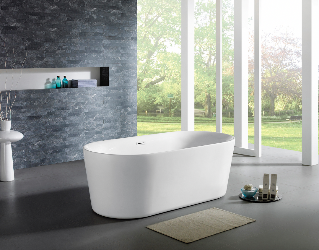 67" Acrylic Oval Double Ended Flatbottom Freestanding Bathtub in Glossy White